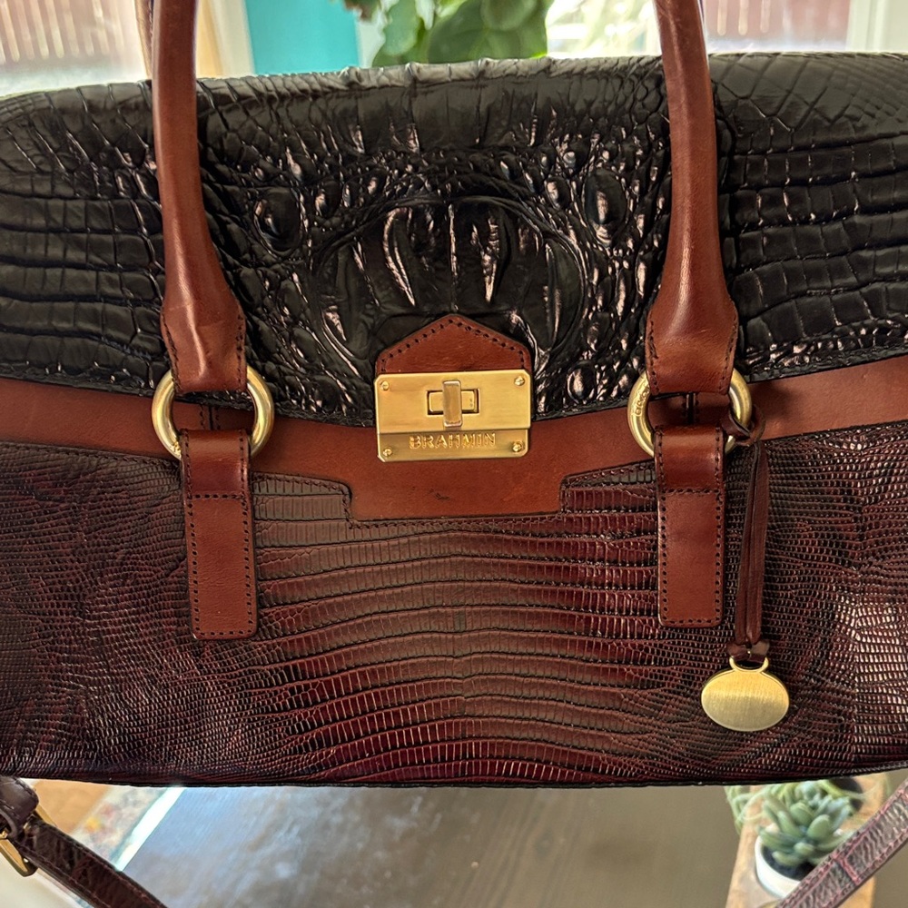Brahmin Brown and Black Textured Leather Satchel - Picture 14 of 16